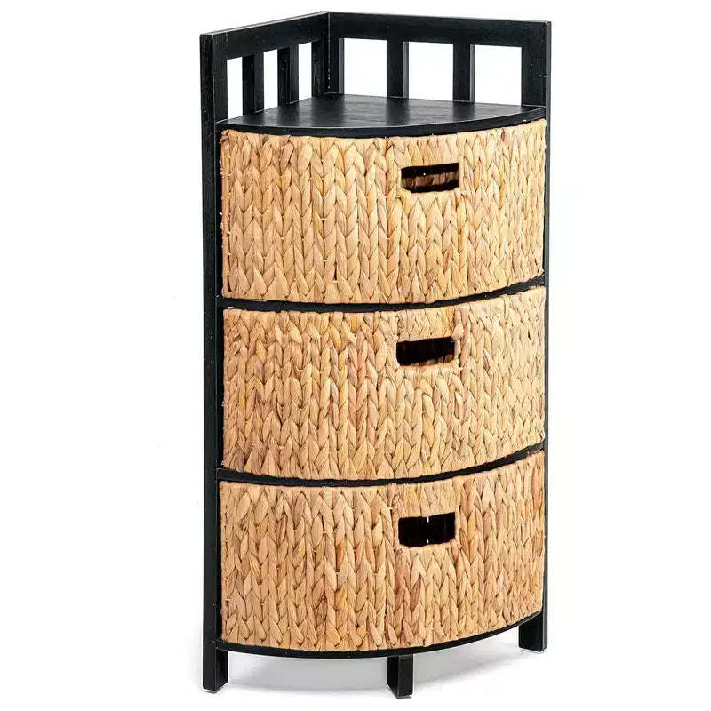 Homestead 3-Tier Corner Storage Cabinet, Hand-Woven Baskets and Triangular Base