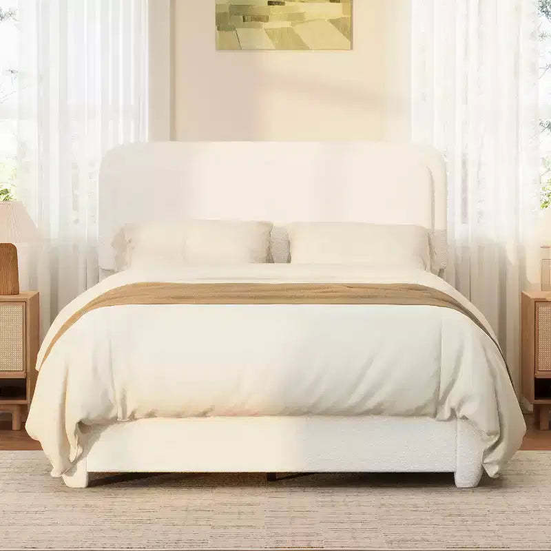GDFStudio Cloudmere Moden Boucle Upholstered Platform Bed with Adjustable Curved Headboard