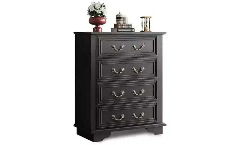DEXYLLO Farmhouse 4 Drawer Dresser for Bedroom, 39 Tall Vintage Wood Chest of Drawers, Rustic Small Dressers with Square Wooden Legs, Black