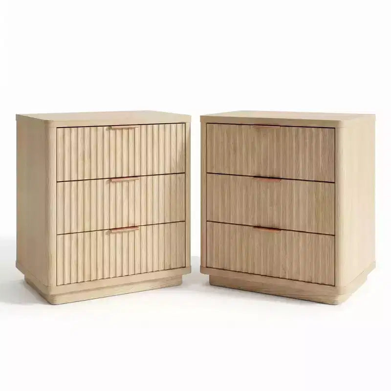 Modern Nightstand Set of 2 with Charging Station, Wood Bedside Table with 3 Drawers End Table for Bedroom