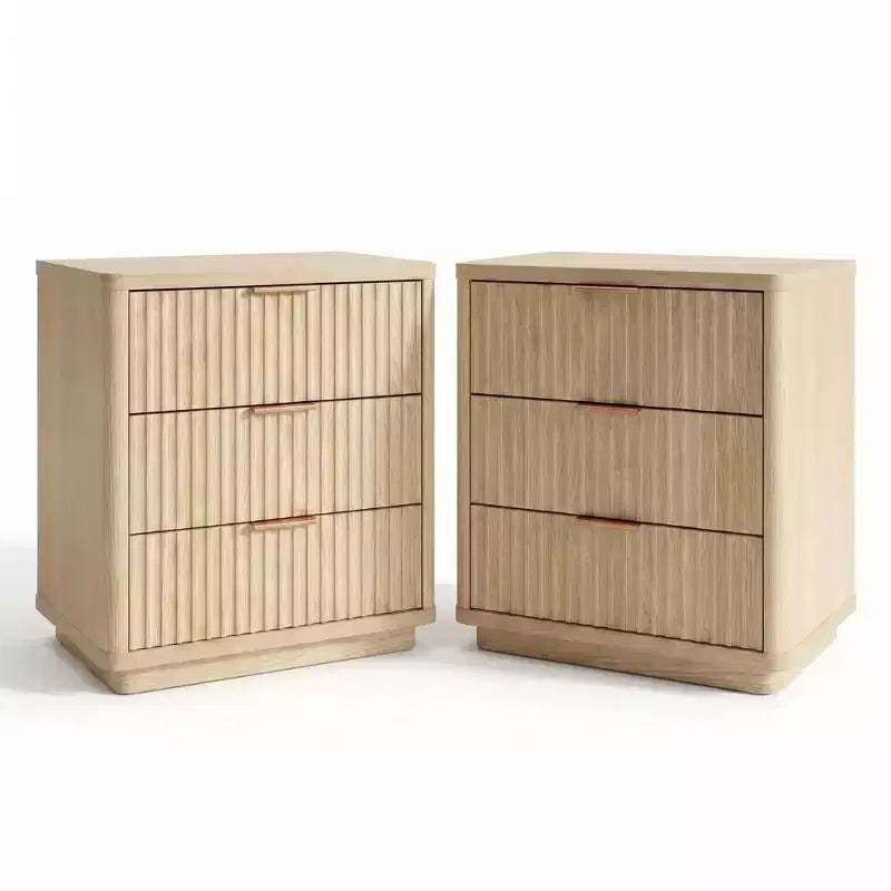 Modern Nightstand Set of 2 with Charging Station, Wood Bedside Table with 3 Drawers End Table for Bedroom