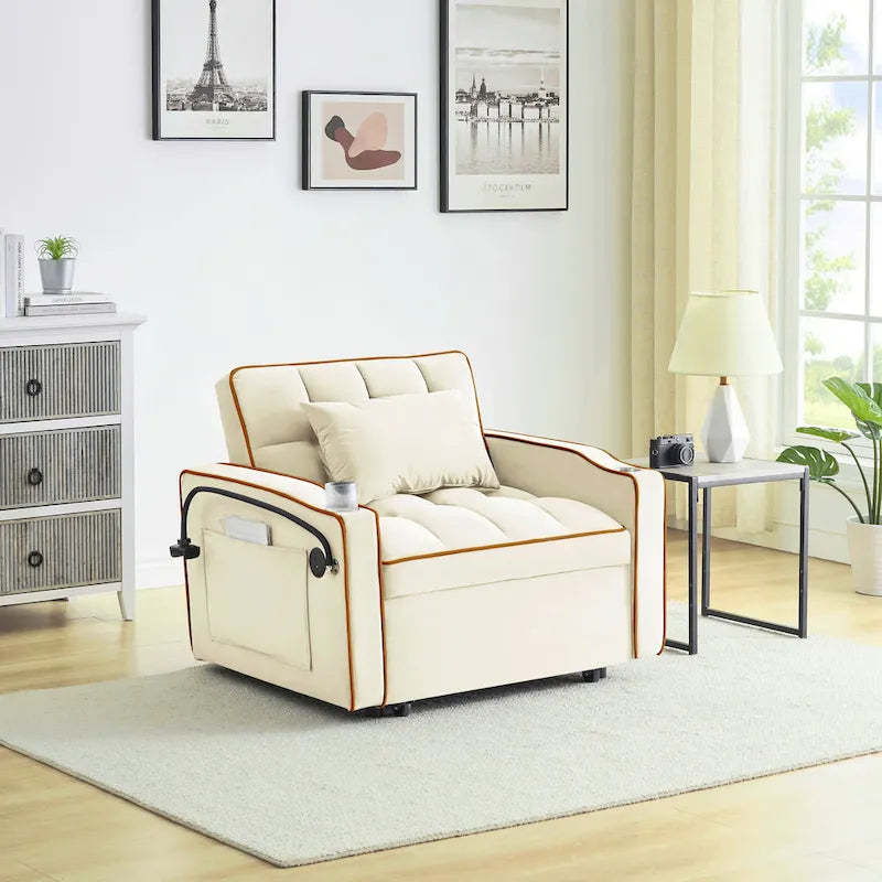 foldable sofa bed , modern sofa sofa velvet pull-out bed, adjustable back and with USB port and ashtray and swivel phone stand
