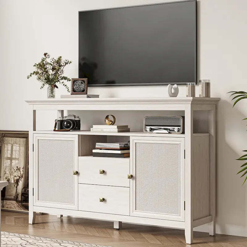 52.8 Rattan Sideboard, Boho Farmhouse Storage Cabinet with Adjustable Shelves, Accent Buffet Cabinet for Kitchen