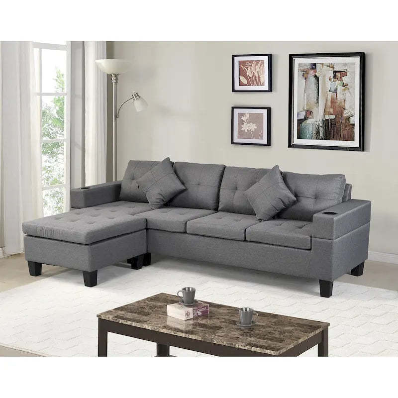 Modern Sectional Sofa Set with Cup Holders and Plush Cushions