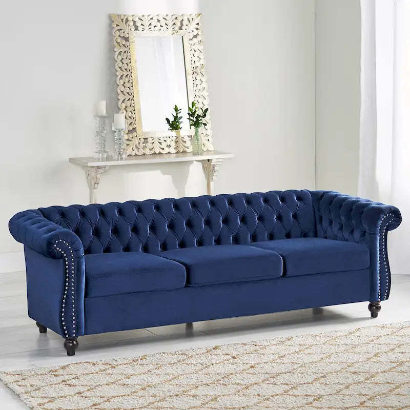 Blue 84.75 Chesterfield Button Tufted 3-Seater Sofa with Nailheads and Legs