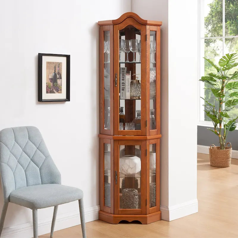 Curio Cabinet Lighted Glass Display Curio Cabinet w/Tempered Glass Doors and Shelves, Crown Corner Cabinet with Bulb