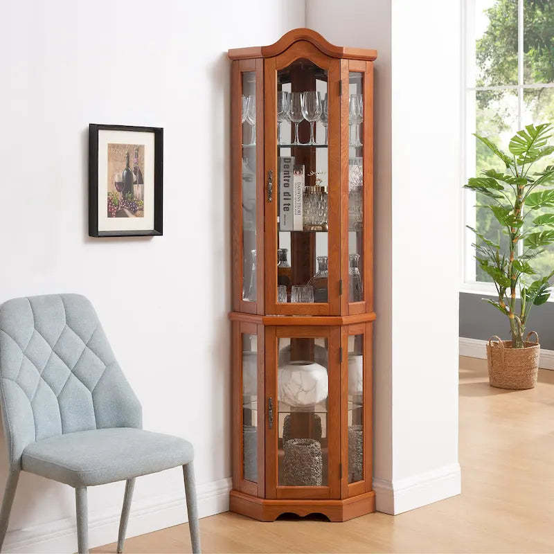 Curio Cabinet Lighted Glass Display Curio Cabinet w/Tempered Glass Doors and Shelves, Crown Corner Cabinet with Bulb