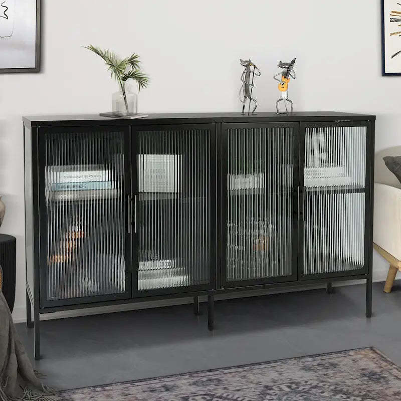 4-Door Tempered Glass Cabinet with 4 Glass Doors Adjustable Shelf and Feet Anti-Tip Dust-free Fluted Glass Kitchen Credenza