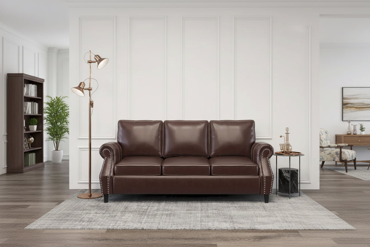 Dark Brown Modern 80 Faux Leather 3-Seater Sofa with Birch Wood Legs and Nailheads