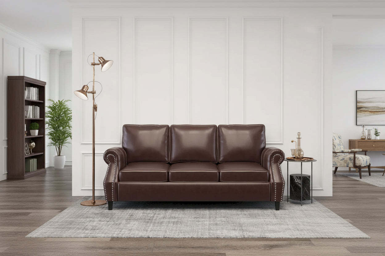 Dark Brown Modern 80 Faux Leather 3-Seater Sofa with Birch Wood Legs and Nailheads
