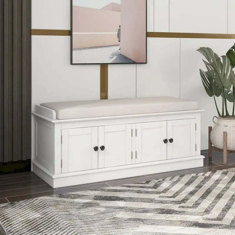 Farmhouse 42.70 4-Door Multi-Purpose Entry Upholstered Storage Bench with Adjustable Shelves and Shoe Racks