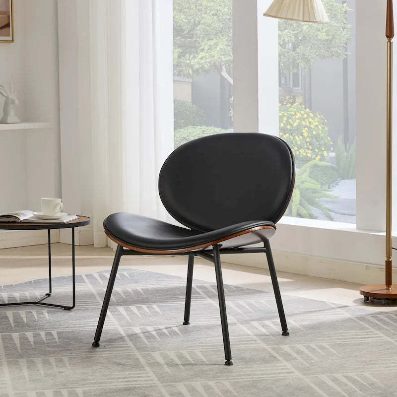 Shell Chair Single Side Chair Tripod Black Leather Lounge Chair in Walnut Finish Comfortable Backrest,Black color