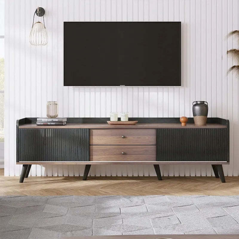 63 Inch Mid Century Modern TV Cabinet Dark Brown Black