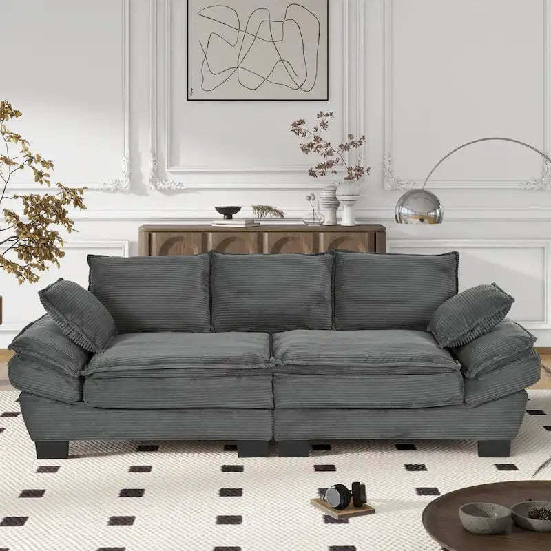 85.4 Modern Curved Sofa, Back Upholstered Couch with 2 Decorative Throw Pillows, Corduroy Fabric Couch