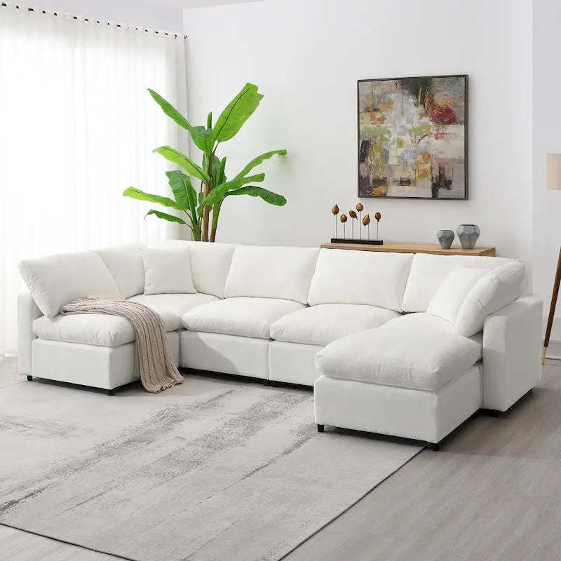 6 Seat Modern Modular Cloud Sofa Bed Chenille Sectional Couch Set with Ottoman