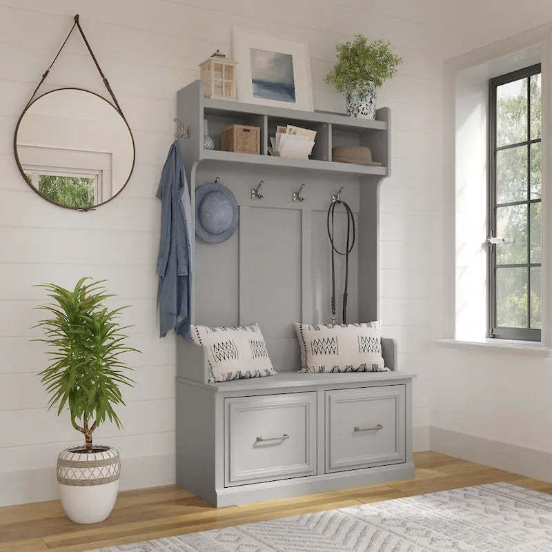 Woodland 40W Hall Tree and Shoe Bench with Doors by Bush Furniture