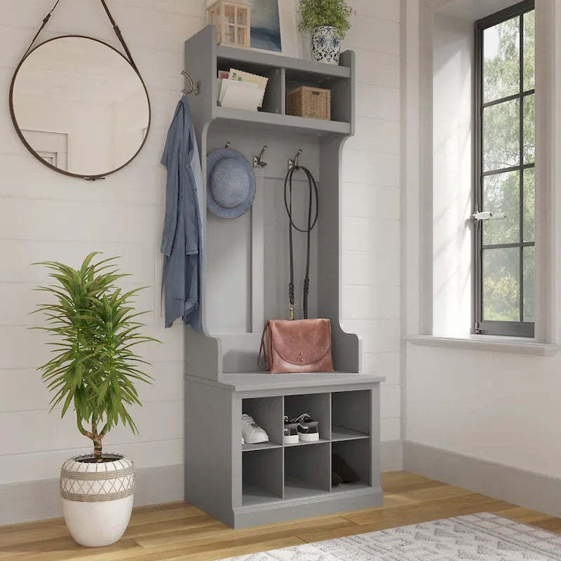 Woodland Hall Tree and Small Shoe Bench with Shelves by Bush Furniture