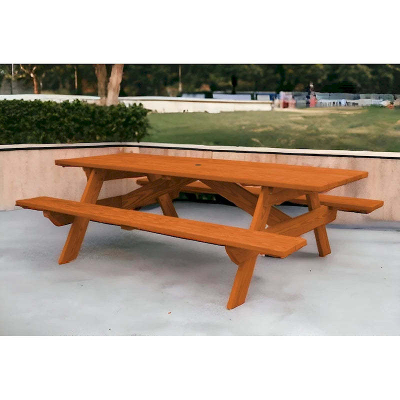 HomeRoots 94 Redwood Solid Wood Outdoor Picnic Table with Umbrella Hole