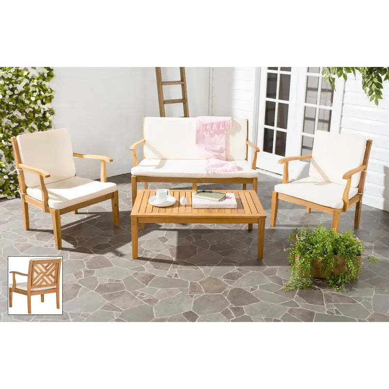 SAFAVIEH Outdoor Living Bradbury Brown Acacia Wood 4-piece Beige Cushion Patio Set - 48W x 25D x 32H