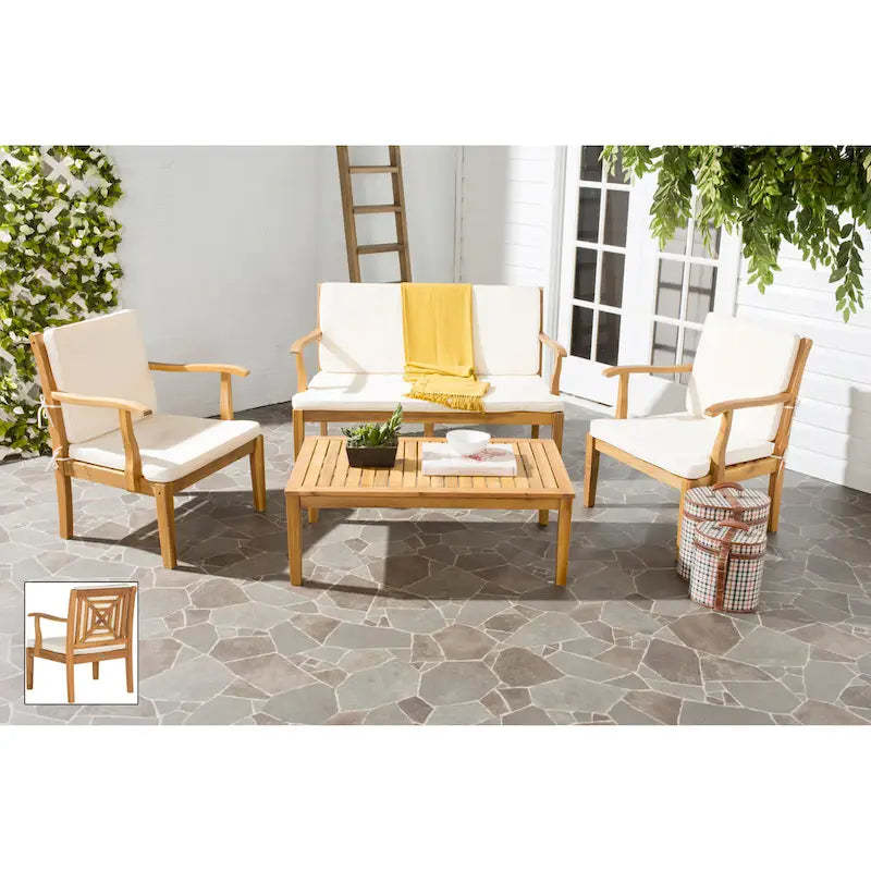 SAFAVIEH Outdoor Living Del Mar Brown Acacia Wood 4-piece Beige Cushion Patio Set - 48W x 25D x 32H