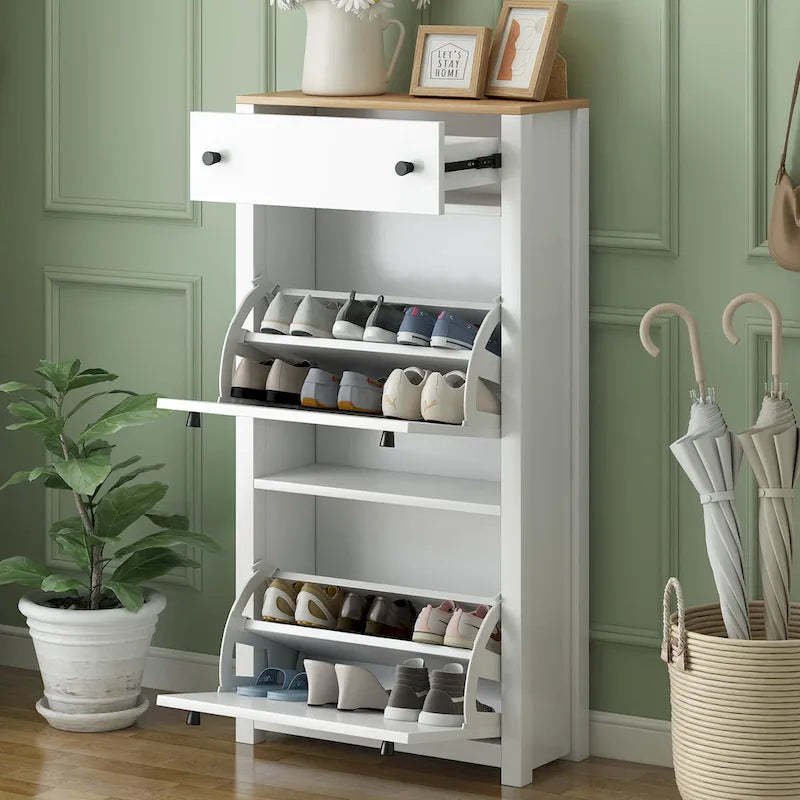 Functional Entryway Organizer with 2 Flip Drawers, Wood Grain Pattern Top Shoe Cabinet with Drawer