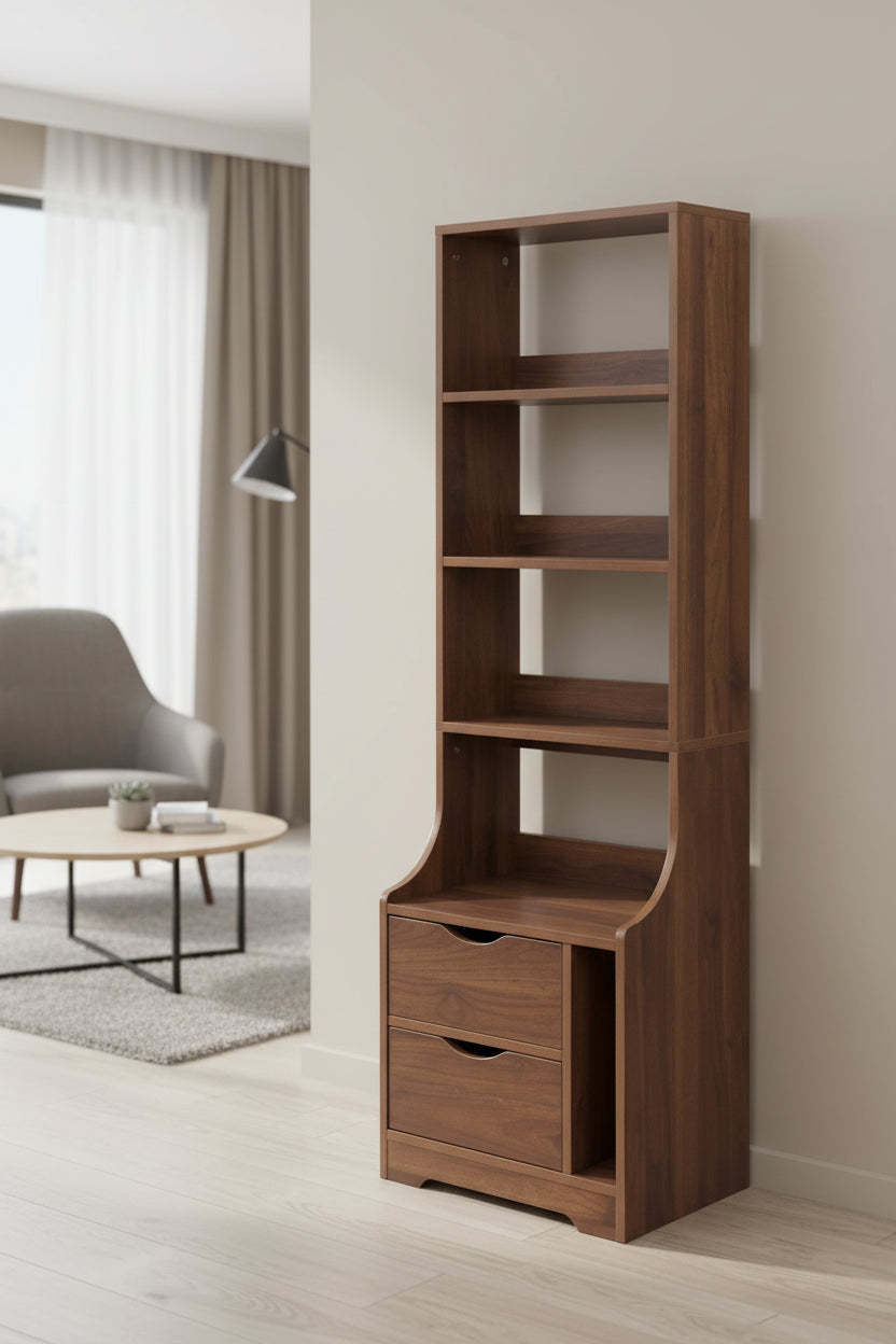 2-Drawer Tall Nightstand Bedside Table with Bookshelf Side Tables with Storage Shelves