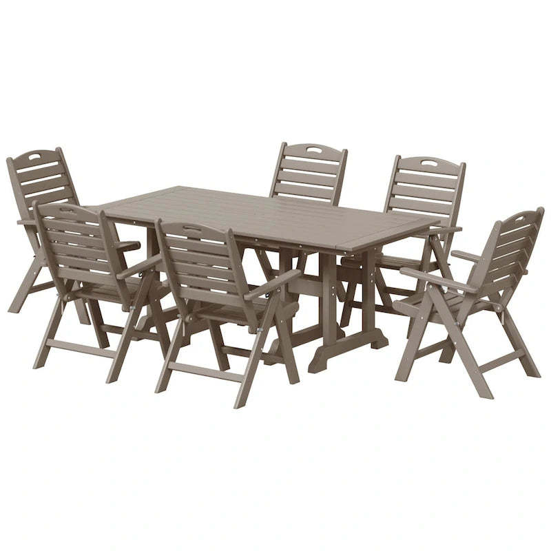 Polytrends Laguna 7-Piece Rectangular Table Folding Highback Chair Dining Set