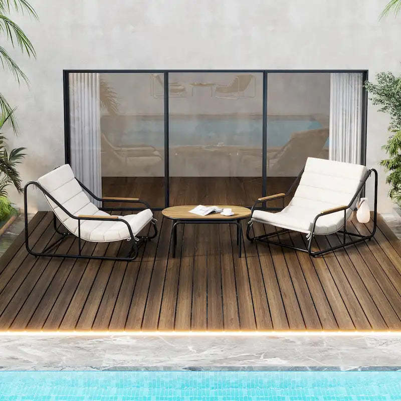 3-Piece Poolside Lounge Chairs Set - Outdoor Chaise Lounges with Acacia Side Table