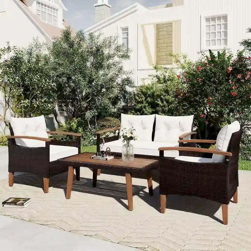 4-Piece Modern Outdoor Garden Seating Set, Rattan Sofa with Wooden Legs and Cushions, Suitable for Outdoor Patio Balcony