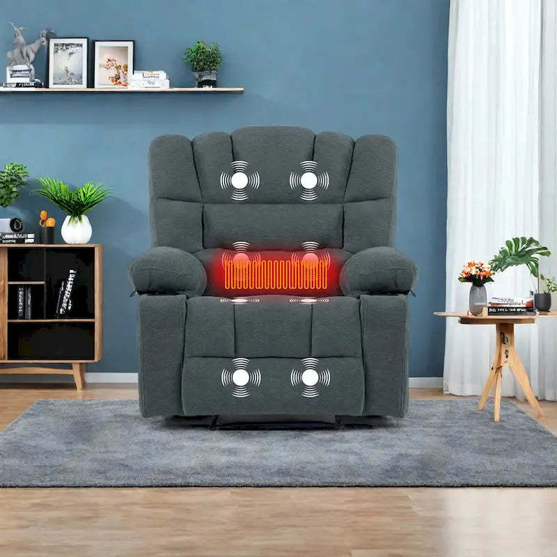 Chenille Manual Recliner Chair with Massage and Lumbar Heating, Dual Cup Holders, Side Pockets