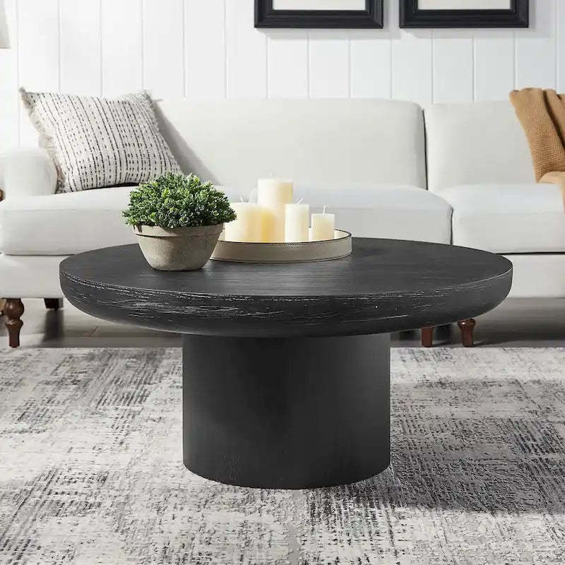35.98 Round Coffee Table with Cylindrical Leg Base, Wood Grain Veneer, Suitable for Bedroom, Living Room, Balcony, and Office