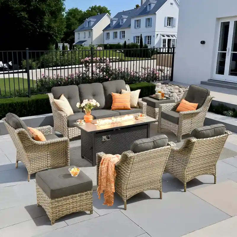 XIZZI 8-piece Outdoor Wicker Furniture Set with 54 Fire Table