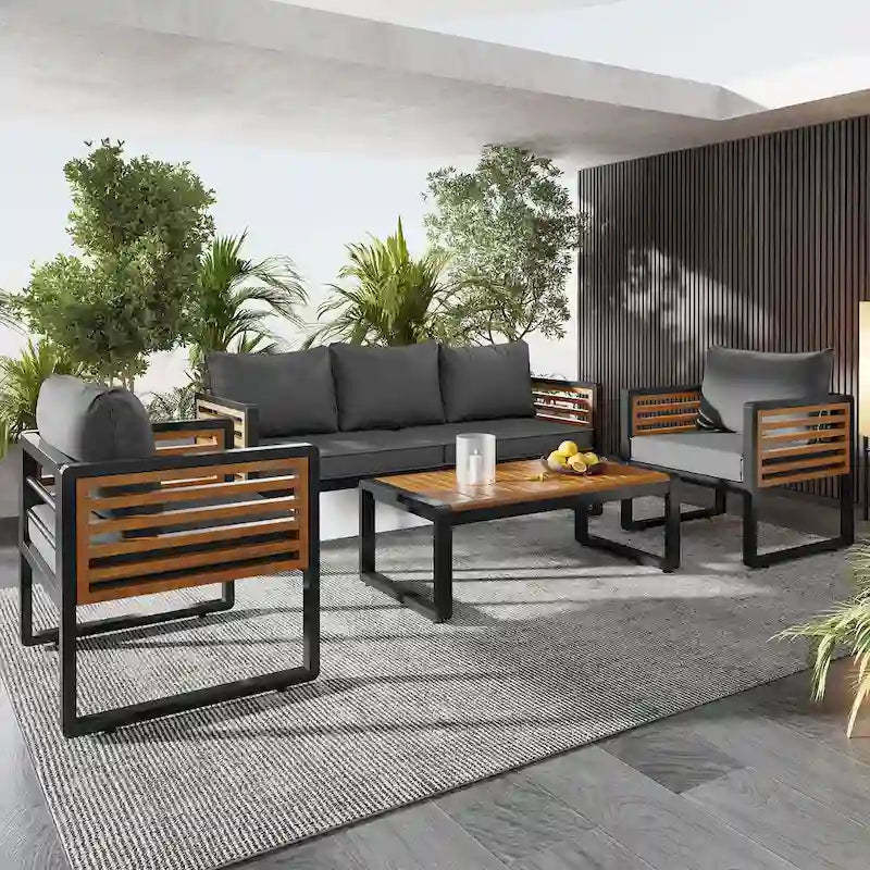 4-Piece Sofa Set, Metal and Wood Frame Sofa with Thick Cushions and Backrest, Acacia Wood Tabletop, Suitable for Outdoor Garden