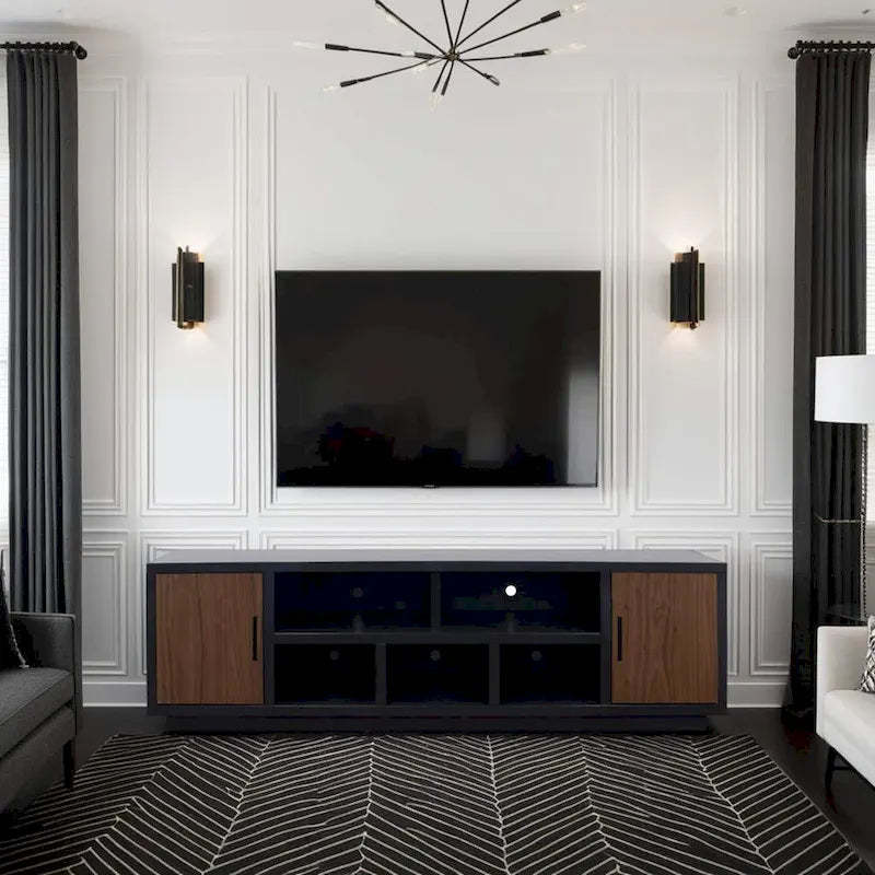 Bridgevine Home Aria 85 inch TV Stand for TVs up to 95 inches, No Assembly Required, Black and Walnut Finish