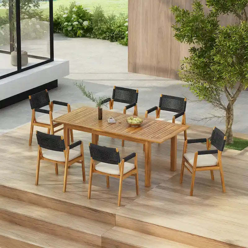 Christopher Knight Home- Ethan Outdoor 7-piece Expandable Acacia Wood Dining Set with Rope-Woven Armchairs