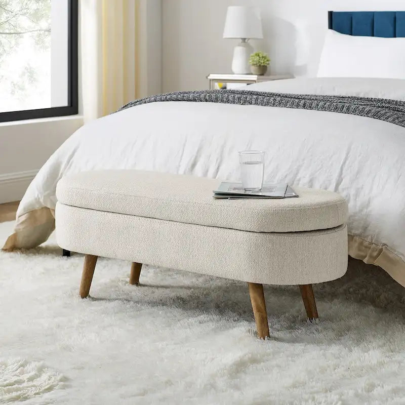 GDFStudio - Emma Linen Pleated Storage Ottoman Bench with Durable Rubberwood Legs