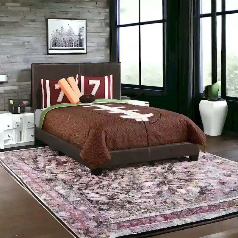 HomeRoots Brown Solid and Manufactured Wood Full Upholstered Faux Leather Bed Frame