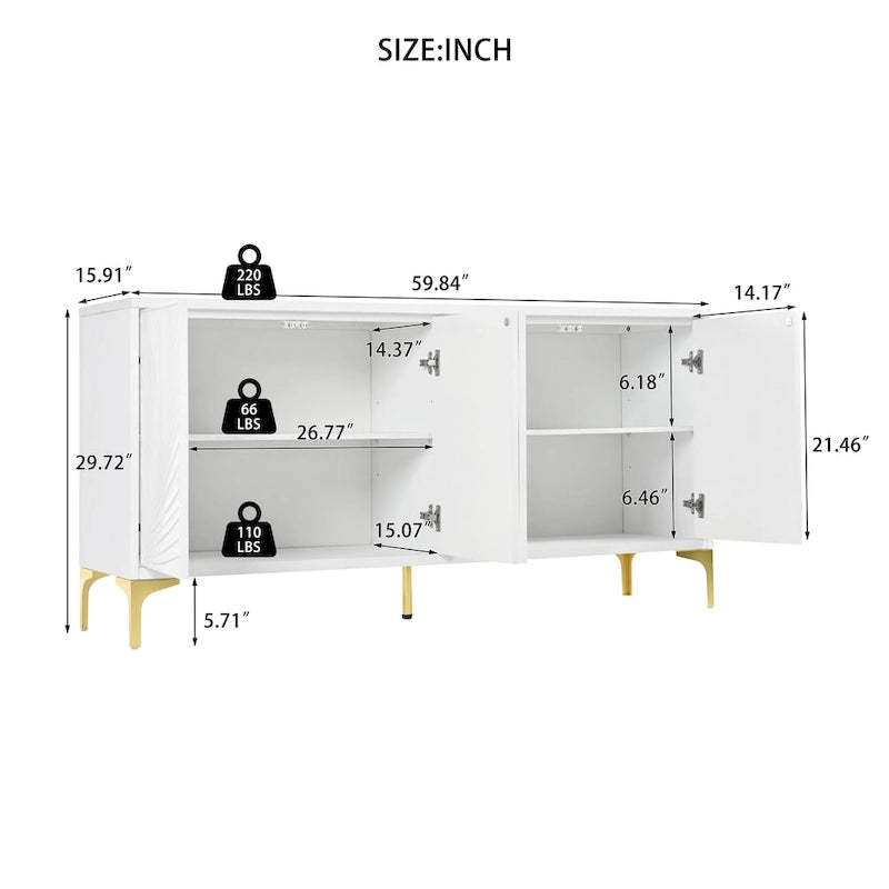 Creative carved 4-door Sideboard Handleless Press-to-Open Design Buffet Cabinet for Dining Room,Living Room, Bedroom, Hallway