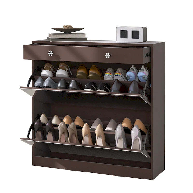 Mirror Shoe Cabinet with 2 Flip Drawers & Barn Door Design, Freestanding Shoe Cabinet Organizer with Drawer and Shelves