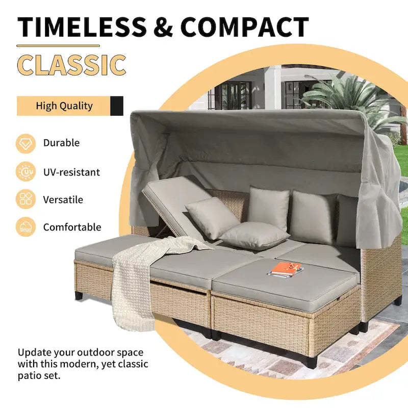 4-Pieces UV-Proof Resin Wicker Patio Sofa Set with Retractable Canopy, Cushions & Lifting Table