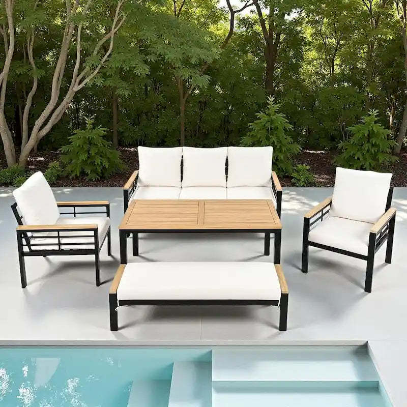5-Piece Outdoor Patio Iron Conversation Sofa Set with Coffee Table and Bench