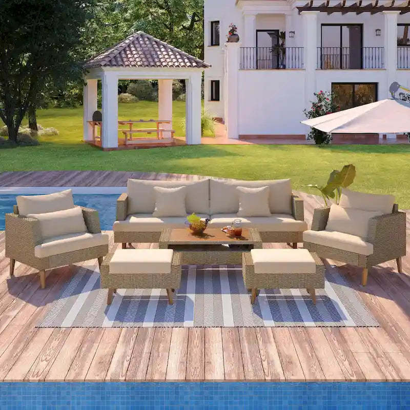 6-Pieces All Weather PE Wicker Sofa Set with Double Cushions