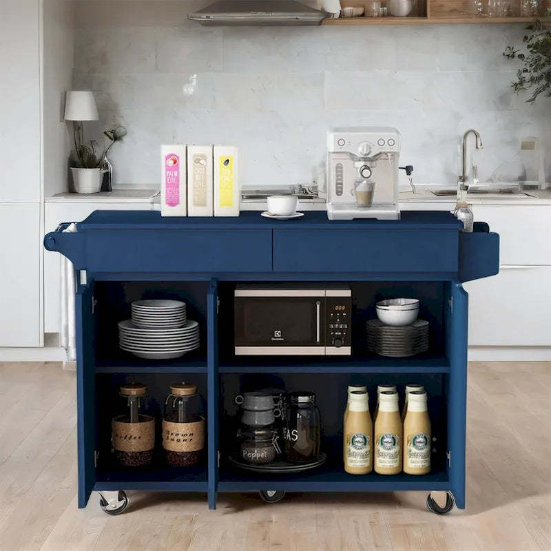 53 Rolling Kitchen Island w/ Drop Leaf,Spice Rack,Adjustable Shelves