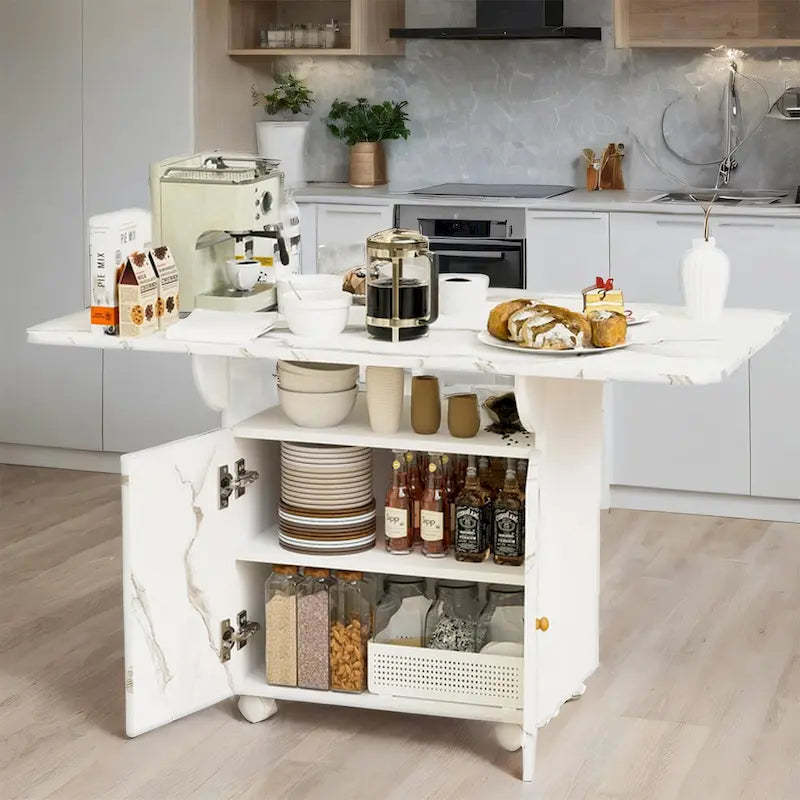 47 Wood Rolling Folding Kitchen Island with Storage Rack and Cabinet