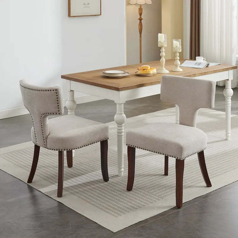 Modern Dining Chairs Set of 2, Linen Fabric Upholstered Accent Chair Curved Backrest Kitchen Chairs with Rubberwood Frame