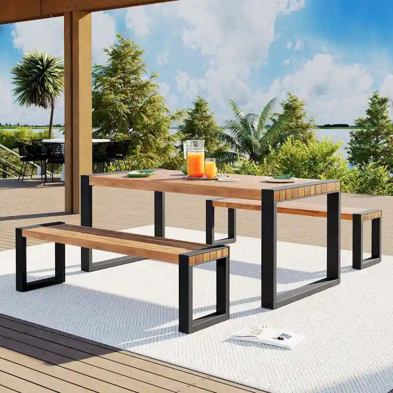 3-pieces Outdoor Dining Table with 2 Benches, Acacia Wood Top & Steel Frame