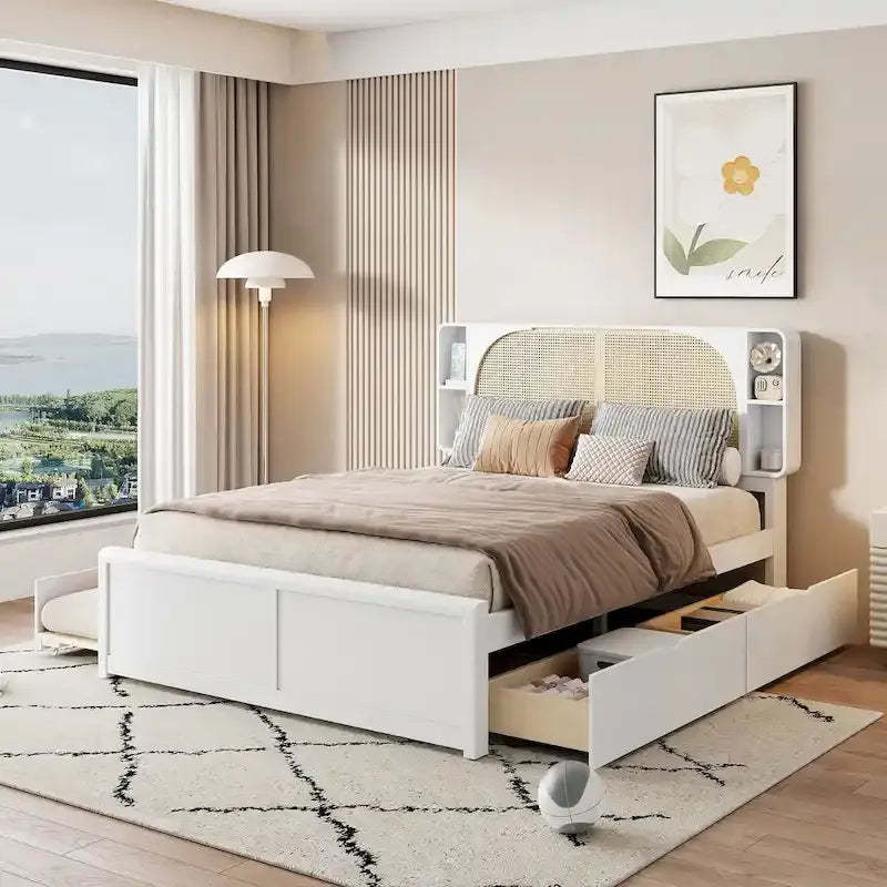 Queen Size Rattan Headboard Bed with Two Storage Drawers and Trundle, White