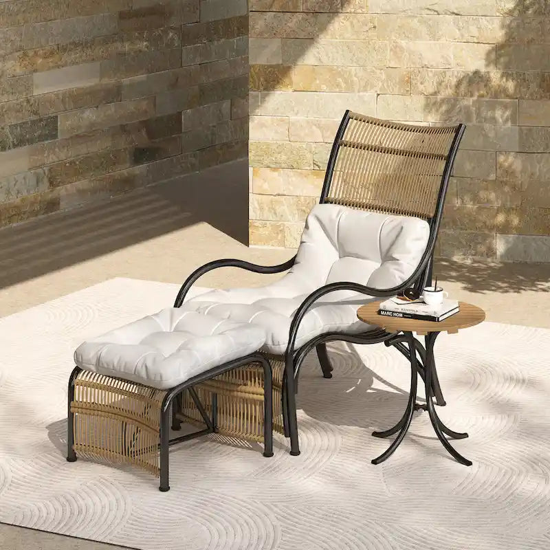 3 Pieces Wicker Outdoor Patio Furniture Set with Lounge Chair, Balcony Chairs Table Set with Cushions, Ottoman