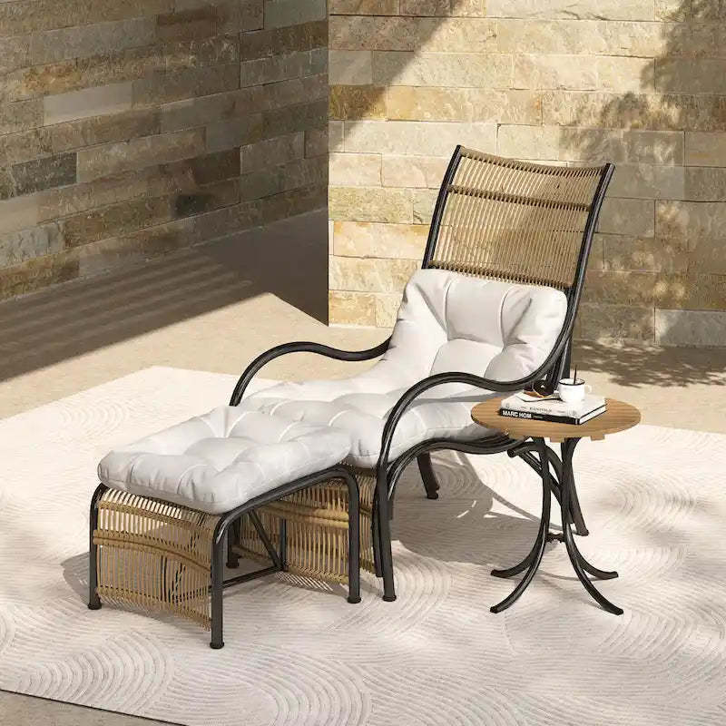 3 Pieces Wicker Outdoor Patio Furniture Set with Lounge Chair, Balcony Chairs Table Set with Cushions, Ottoman