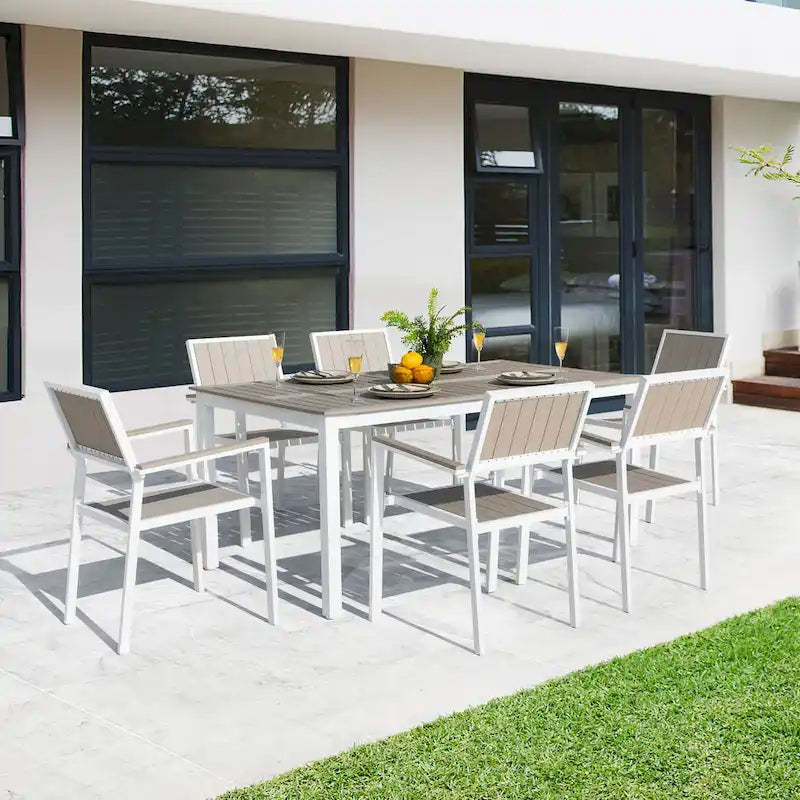 Outdoor Dining Set for 6, Patio Table with Umbrella Hole, Stackable Design